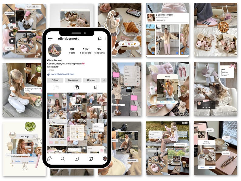 Op de afbeelding: Een collage van Instagram-berichten, met een telefoon die een Instagram-profiel met de naam "oliviabennett" weergeeft. Het profiel presenteert lifestyle-content, waaronder afbeeldingen van eten, mode en het dagelijks leven. De algehele esthetiek is zacht en vrouwelijk, met pastelkleuren en samengestelde details.