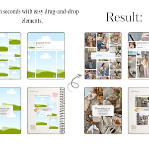 Op de afbeelding: Een digitaal ontwerpsjabloon met de tekst "Edit in seconds with easy drag-and-drop elements." en "Result:". De sjabloon bevat lay-outs voor social media posts en een notitieboek met de tekst "Romanticize CONTENT" en "A WEEK IN MY LIFE".