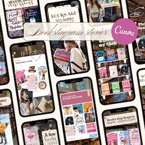 Puede incluir: Una colección de plantillas digitales de pantallas de teléfono para redes sociales con gráficos sobre libros, superposiciones de texto como "Recent Book Obsessions" y "Just One More Chapter" e ilustraciones de portadas de libros.