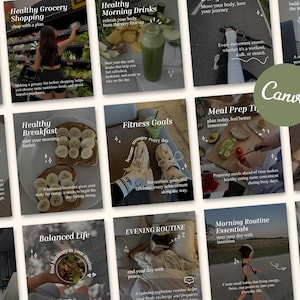 Op de afbeelding: Een verzameling van twaalf vierkante social media graphics met lifestyle-afbeeldingen gerelateerd aan welzijn, fitness en voeding. Elk paneel bevat witte tekstoverlays met titels zoals Healthy Grocery Shopping, Fitness Goals en Morning Routine Essentials.