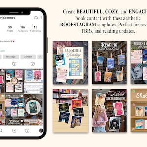 Modèles de publications esthétiques Bookstagram pour Canva, tendance et chaleureux, pour iOS, destinés aux amoureux des livres, lecteurs, auteurs et créateurs de contenu. Kit réseaux sociaux image 2