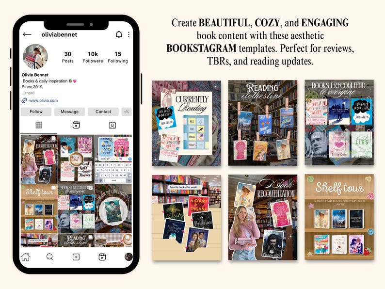 Modèles de publications esthétiques Bookstagram pour Canva, tendance et chaleureux, pour iOS, destinés aux amoureux des livres, lecteurs, auteurs et créateurs de contenu. Kit réseaux sociaux image 2
