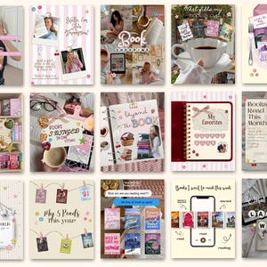May include: A digital collection of fifteen book-themed graphic templates featuring pastel backgrounds, star and heart icons, and text overlays such as 'What's on my TBR', 'My favourites', and 'Books I read this month' for social media content.