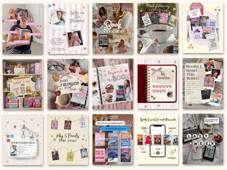 May include: A digital collection of fifteen book-themed graphic templates featuring pastel backgrounds, star and heart icons, and text overlays such as 'What's on my TBR', 'My favourites', and 'Books I read this month' for social media content.