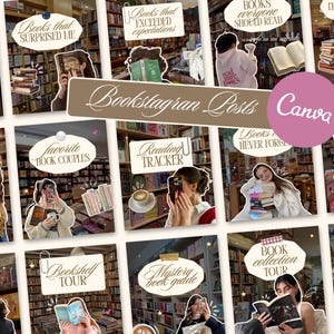 Puede incluir: Una colección de plantillas para redes sociales titulada Bookstagram Posts que muestra varias escenas de personas en librerías, leyendo libros y bebiendo café, con superposiciones de texto decorativo como Reading Tracker y Comfort Books.