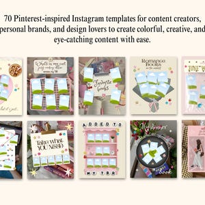 May include: A collection of 70 Pinterest-inspired Instagram templates for content creators and personal brands. The image displays ten distinct digital layout designs featuring various themes like book lists, calendars, and shopping carts.