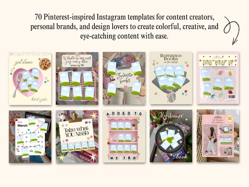 May include: A collection of 70 Pinterest-inspired Instagram templates for content creators and personal brands. The image displays ten distinct digital layout designs featuring various themes like book lists, calendars, and shopping carts.