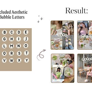 Op de afbeelding: Esthetische bubbelletters in een beige kleur, met het alfabet van A tot Z. Het woord "Result" staat rechtsboven. Er worden vier vierkante afbeeldingen weergegeven, elk met een ander thema, waaronder de woorden "JUNE", "MY WEEK", "MATCHA" en "MONDAY".