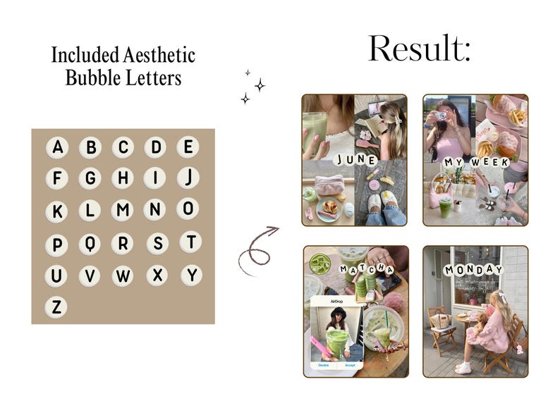 Op de afbeelding: Esthetische bubbelletters in een beige kleur, met het alfabet van A tot Z. Het woord "Result" staat rechtsboven. Er worden vier vierkante afbeeldingen weergegeven, elk met een ander thema, waaronder de woorden "JUNE", "MY WEEK", "MATCHA" en "MONDAY".