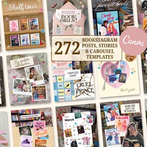 Puede incluir: Una colección de 272 plantillas digitales para redes sociales dirigidas a entusiastas de los libros, con diversos diseños para publicaciones, historias y carruseles. Incluye portadas de libros, calendarios y textos como Book Girls y Canva.