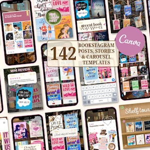 Puede incluir: Una colección de 142 plantillas digitales para redes sociales destinadas a amantes de los libros, que muestran varios diseños de pantallas de smartphone con portadas de libros, gráficos de reseñas y textos superpuestos.