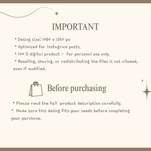 May include: A digital product information graphic with a beige background and brown text. It states: IMPORTANT, Desing size: 1080 x 1350 px, Optimized for Instagram posts, 100% digital product, Before purchasing, Please read the full product description carefully.