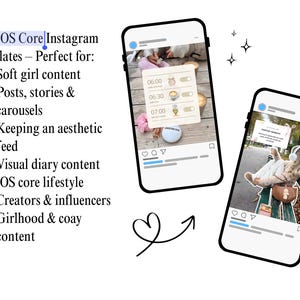 Op de afbeelding: Twee smartphones tonen Instagram-sjablonen. De tekst luidt "100 iOS Core Instagram Templates". De sjablonen zijn ontworpen voor soft girl content, berichten, verhalen, carrousels, esthetische feeds, visuele dagboeken, iOS core lifestyle, makers en influencers.