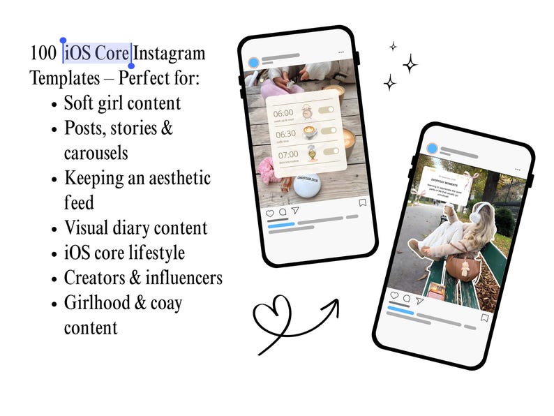 Op de afbeelding: Twee smartphones tonen Instagram-sjablonen. De tekst luidt "100 iOS Core Instagram Templates". De sjablonen zijn ontworpen voor soft girl content, berichten, verhalen, carrousels, esthetische feeds, visuele dagboeken, iOS core lifestyle, makers en influencers.