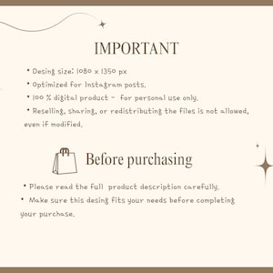 Peut inclure: Un graphique d'information sur un produit num&eacute;rique avec un fond beige et du texte marron. Il indique : IMPORTANT, Desing size: 1080 x 1350 px, Optimized for Instagram posts, 100% digital product, Before purchasing, Please read the full product description.