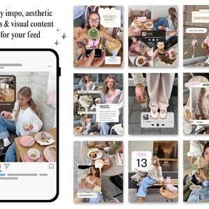 Op de afbeelding: Een collage van lifestyle-foto's weergegeven op een smartphonescherm, met esthetische beelden en content. De tekst "daily inspo, aesthetic vibes & visual content for your feed" staat bovenaan. De afbeeldingen tonen koffie, eten en mensen.