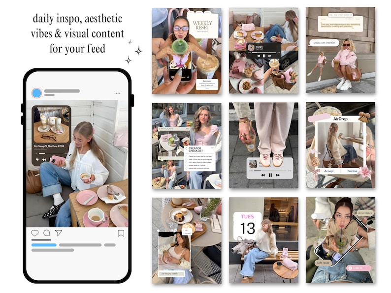 Op de afbeelding: Een collage van lifestyle-foto's weergegeven op een smartphonescherm, met esthetische beelden en content. De tekst "daily inspo, aesthetic vibes & visual content for your feed" staat bovenaan. De afbeeldingen tonen koffie, eten en mensen.