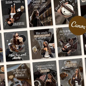 Puede incluir: Un collage de publicaciones en redes sociales con un logotipo marrón de Canva. Cada publicación presenta una persona, texto y varios objetos como tazas de café, gafas de sol y donuts. El texto incluye frases como "La acción crea impulso" y "Planifica menos, publica más."