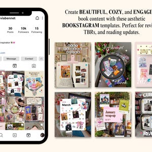 May include: A digital display of Instagram social media templates for book content, featuring a smartphone interface on the left and six distinct graphic design layouts on the right, including text overlays like June Wrap Up and Current Reading.