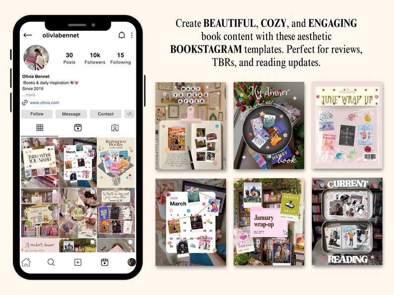 May include: A digital display of Instagram social media templates for book content, featuring a smartphone interface on the left and six distinct graphic design layouts on the right, including text overlays like June Wrap Up and Current Reading.