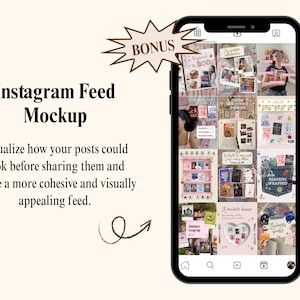 May include: A black smartphone displaying an Instagram feed mockup with a grid of nine book-themed images. The screen shows various photos of books, reading lists, and shelves. A starburst graphic with the word BONUS is positioned above the phone.