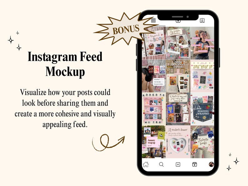 May include: A black smartphone displaying an Instagram feed mockup with a grid of nine book-themed images. The screen shows various photos of books, reading lists, and shelves. A starburst graphic with the word BONUS is positioned above the phone.