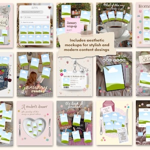 May include: A collection of twelve digital templates for social media featuring book-themed layouts with placeholders for images, decorative elements like cherries, hearts, and stars, and text including "2030 READING WRAPPED" and "January wrap-up."