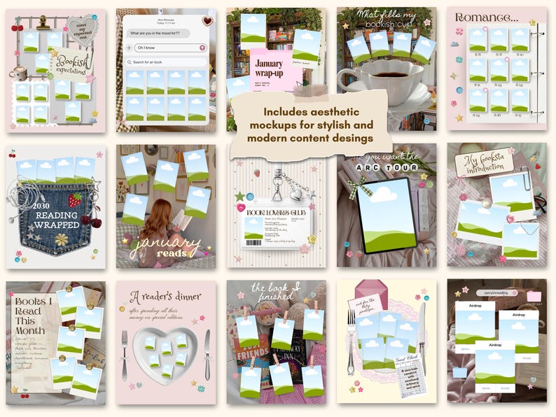 May include: A collection of twelve digital templates for social media featuring book-themed layouts with placeholders for images, decorative elements like cherries, hearts, and stars, and text including "2030 READING WRAPPED" and "January wrap-up."