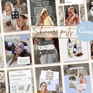 Puede incluir: Un collage digital de plantillas para redes sociales sobre cuidado de la piel que presenta varias imágenes de personas aplicando productos faciales, composiciones de productos y superposiciones de texto como Skincare posts.