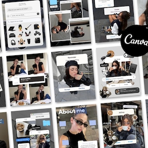 Puede incluir: Un collage de imágenes digitales que muestran a una mujer en varios entornos, usando un teléfono, bebiendo café y usando gafas de sol. Las imágenes tienen superposiciones de texto y están editadas con la aplicación Canva.