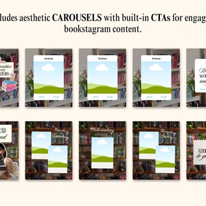 Modèles de publications esthétiques Bookstagram pour Canva, tendance et chaleureux, pour iOS, destinés aux amoureux des livres, lecteurs, auteurs et créateurs de contenu. Kit réseaux sociaux image 5