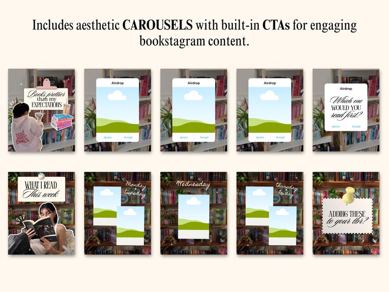 Modèles de publications esthétiques Bookstagram pour Canva, tendance et chaleureux, pour iOS, destinés aux amoureux des livres, lecteurs, auteurs et créateurs de contenu. Kit réseaux sociaux image 5
