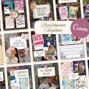 Pode incluir: Uma colagem de modelos do Instagram com tema de livros, apresentando várias capas de livros, sobreposições de texto e elementos decorativos. Os modelos são projetados para amantes de livros e criadores de conteúdo de mídia social, com um logotipo Canva.