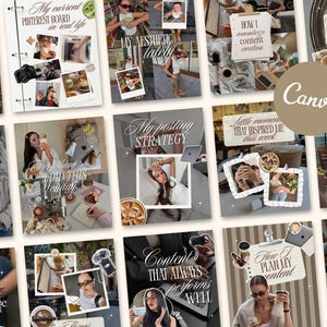 May include: A collection of digital social media templates featuring collage-style layouts with various photographs, handwritten-style text overlays, and graphic elements. The designs include phrases like My current Pinterest board, My aesthetic lately, and How I plan my content.