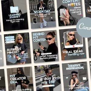 Peut inclure: Un collage numérique de modèles pour réseaux sociaux présentant diverses photographies de style de vie avec des personnes en tenue décontractée, surmontées de titres en blanc et bleu comme My Workday, Business Mindset et Viral Ideas, avec un logo Canva.