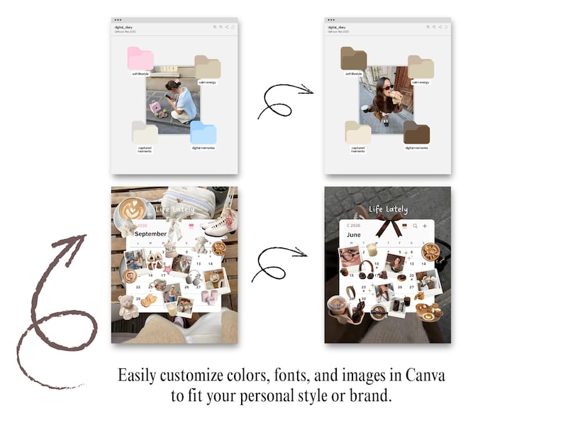 Op de afbeelding: Een digitaal ontwerp met kalender- en map-mockups. De kalender toont foto's en tekst voor juni en september. De mappen hebben afbeeldingen en tekst. Tekst luidt: "Pas eenvoudig kleuren, lettertypen en afbeeldingen aan in Canva."