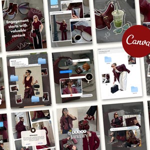 May include: A collage of images featuring fashion accessories and outfits in shades of burgundy and black. The images include handbags, boots, sunglasses, and a calendar. Text includes "Engagement starts with valuable content" and "Canva".