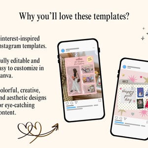 May include: Two smartphones displaying social media post templates with pink and white backgrounds. The left screen shows a product display, while the right screen features book covers and the text ARCS and Happy pub day. Includes bulleted text.