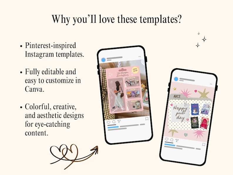 May include: Two smartphones displaying social media post templates with pink and white backgrounds. The left screen shows a product display, while the right screen features book covers and the text ARCS and Happy pub day. Includes bulleted text.