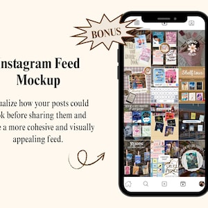 Peut inclure: Un smartphone noir affichant une maquette de flux Instagram avec une grille d'images sur le th&egrave;me des livres. L'&eacute;cran montre diverses couvertures de livres, des graphiques li&eacute;s &agrave; la lecture et un clavier. Un motif en &eacute;toile avec le texte BONUS.