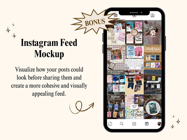 Peut inclure: Un smartphone noir affichant une maquette de flux Instagram avec une grille d'images sur le th&egrave;me des livres. L'&eacute;cran montre diverses couvertures de livres, des graphiques li&eacute;s &agrave; la lecture et un clavier. Un motif en &eacute;toile avec le texte BONUS.