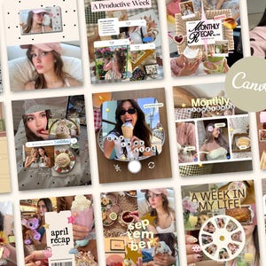May include: A collection of digital social media templates featuring various photo collages, text overlays like A Productive Week, Monthly Recap, and A Week In My Life, along with graphic elements such as stars, hearts, and circular photo frames.