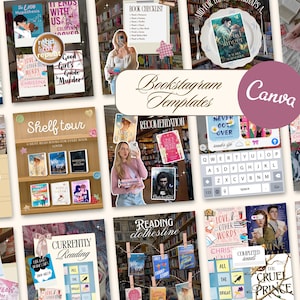 Può includere: Una raccolta di modelli digitali per social media dedicati agli appassionati di libri, con vari layout che includono copertine di libri, liste di lettura e consigli. I design presentano sovrapposizioni di testo come Bookstagram Templates e Shelf tour.