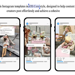 Op de afbeelding: Drie smartphone-mockups met Instagram-sjablonen in iOS Core-stijl. De sjablonen tonen lifestyle-content met tekstoverlays, waaronder "choose yourself first" en "stay grounded". De bovenste tekst luidt "Bewerkbare Instagram-sjablonen..."