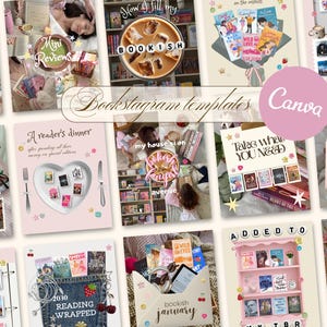 Può includere: Una raccolta di modelli digitali per social media dedicati agli amanti dei libri, con vari layout, sfondi rosa pastello, grafiche di copertine di libri e sovrapposizioni di testo come "Bookish", "A reader's dinner" e "Bookstagram templates".