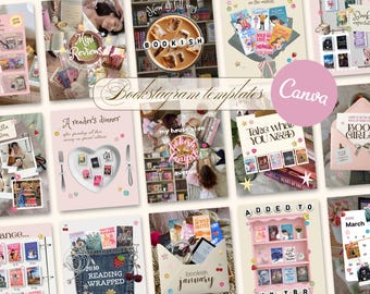 Kit per i social media con estetica Bookstagram, modelli di post Canva, stile trendy iOS, accogliente e a tema libri per amanti dei libri, lettori, autori e creatori di contenuti.