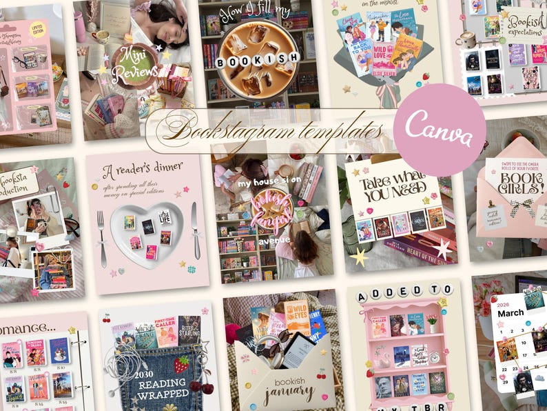 May include: A collection of digital social media templates for book enthusiasts, featuring various layouts with pastel pink backgrounds, book cover graphics, and text overlays including "Bookish," "A reader's dinner," and "Bookstagram templates."