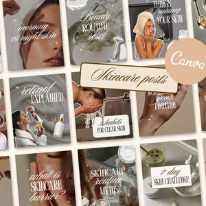 Puede incluir: Una colección de plantillas para redes sociales sobre cuidado de la piel con imágenes de personas aplicando productos, rodillos faciales y frascos. Las superposiciones de texto incluyen frases como morning vs night skin, beauty routine reset, retinol explained y skincare routine myths.