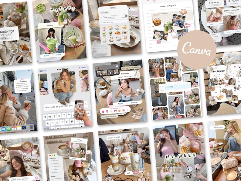 Op de afbeelding: Een collage van lifestylefoto's met matcha-dranken, koffie en diverse etenswaren. De afbeeldingen bevatten tekstoverlays zoals "MATCHA", "MY WEEK" en "Canva". De algehele esthetiek is licht en luchtig, met een focus op eten en sociale media.