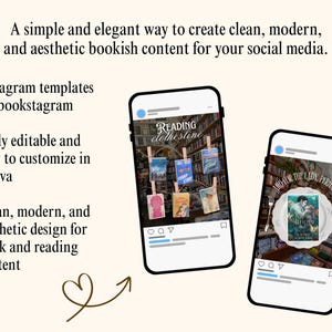 Peut inclure: Deux smartphones affichant des mod&egrave;les Instagram pour le contenu litt&eacute;raire. L'&eacute;cran de gauche montre des livres suspendus &agrave; une corde &agrave; linge, celui de droite un livre sur une assiette. Texte : A simple and elegant way to create clean, modern, and aesthetic bookish content for your social media. Instagram templates for bookstagram. Fully editable and easy to customize in Canva. Clean, modern, and aesthetic design for book and reading content.